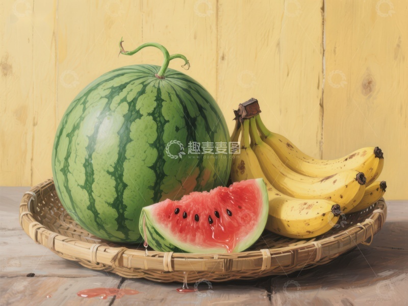 高清大图下载【趣麦麦图】西瓜与香蕉的静物组合