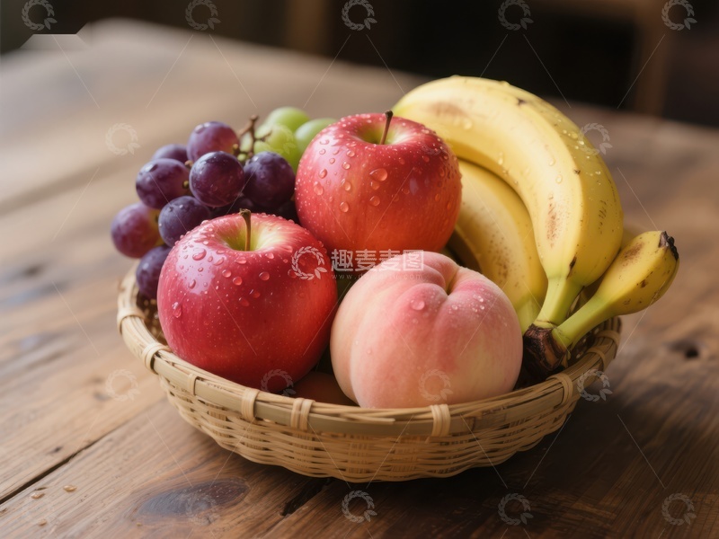 高清大图下载【趣麦麦图】新鲜水果篮：苹果、香蕉、葡萄和桃子