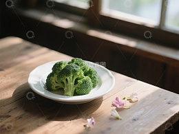 阳光下的西兰花与花瓣