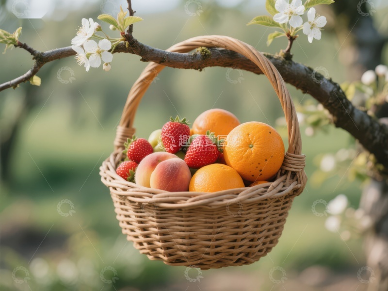 高清大图下载【趣麦麦图】篮中水果挂枝头，春日果园景