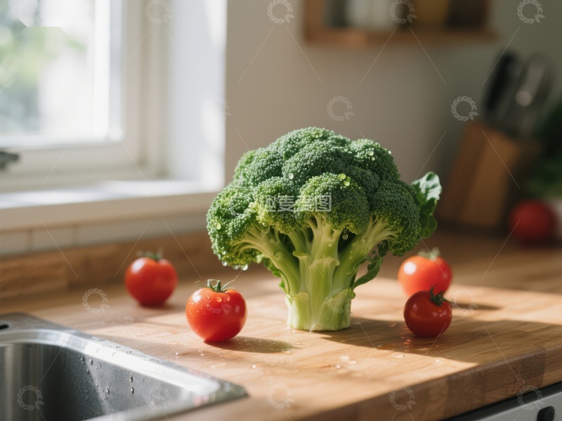 高清大图下载【趣麦麦图】厨房台面上的西兰花与樱桃番茄