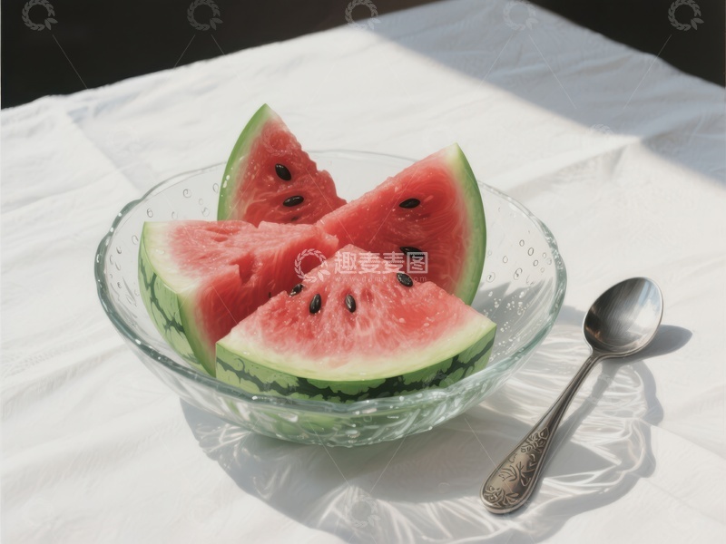高清大图下载【趣麦麦图】清凉西瓜片置于透明碗中