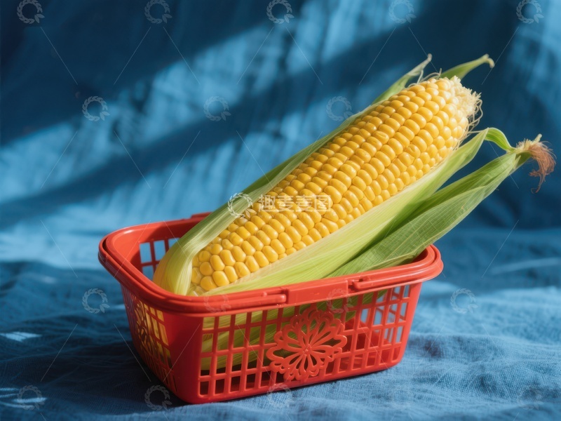 高清大图下载【趣麦麦图】新鲜玉米置于红色购物篮中