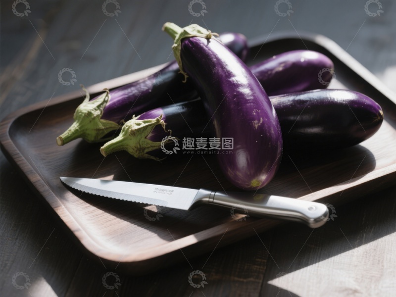 高清大图下载【趣麦麦图】木盘上的茄子与刀具