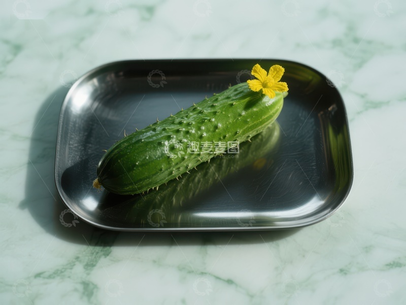 高清大图下载【趣麦麦图】带花黄瓜置于金属盘中