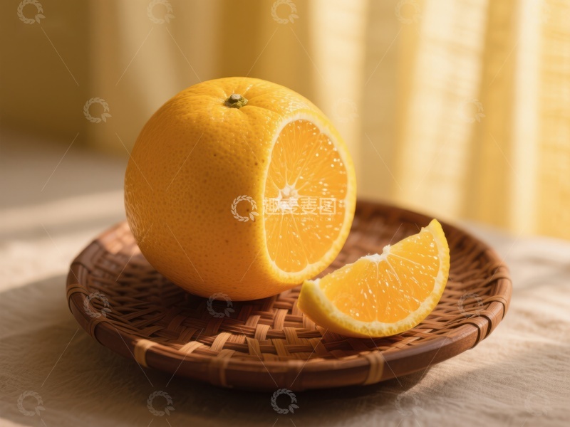 高清大图下载【趣麦麦图】新鲜橙子切片置于编织盘上