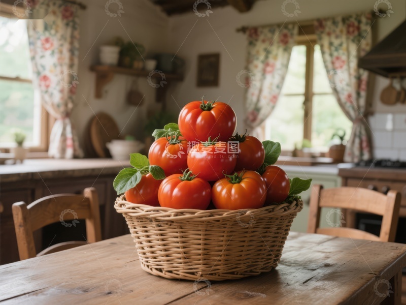 高清大图下载【趣麦麦图】篮子里的红番茄置于乡村厨房