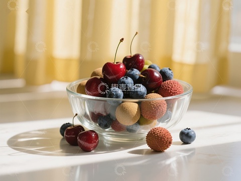 玻璃碗中的新鲜水果与毛绒球