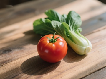 新鲜番茄与小白菜静置木桌