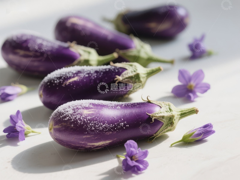 高清大图下载【趣麦麦图】新鲜茄子与紫色花朵的静物组合
