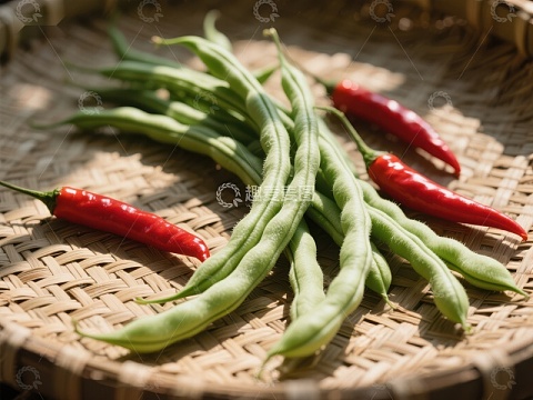 新鲜豆角与红辣椒置于编织篮中