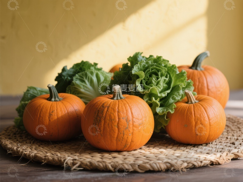 高清大图下载【趣麦麦图】小南瓜与生菜的静物组合