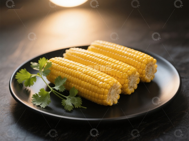 高清大图下载【趣麦麦图】三根玉米配香菜，置于黑色盘中