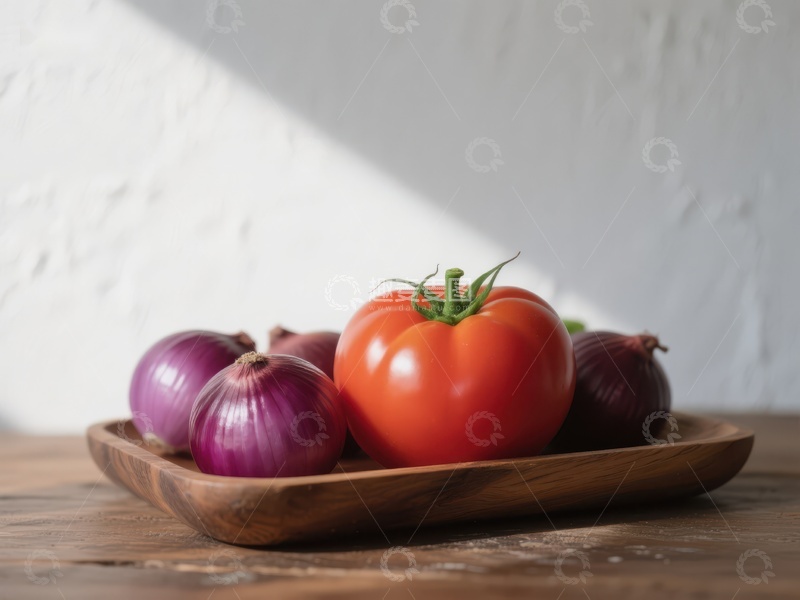 高清大图下载【趣麦麦图】新鲜番茄与洋葱置于木质托盘