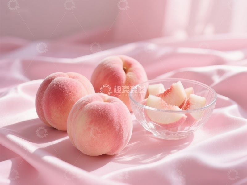 高清大图下载【趣麦麦图】新鲜桃子与切片，粉色布景