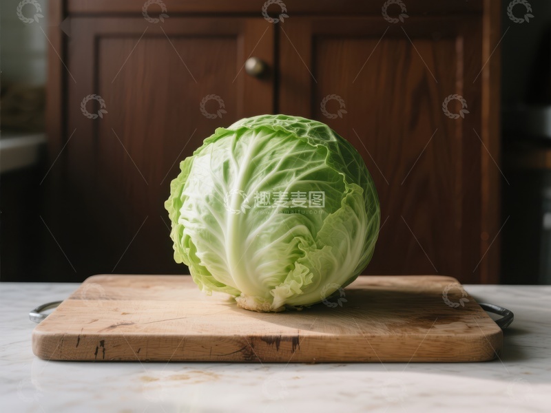 高清大图下载【趣麦麦图】新鲜卷心菜置于木质砧板上