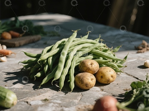 新鲜豆角与土豆静置石桌
