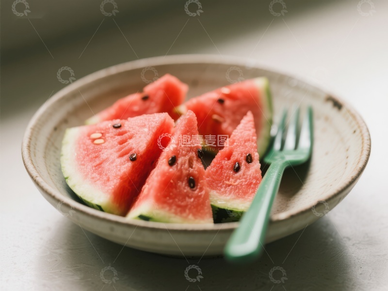 高清大图下载【趣麦麦图】碗中切片西瓜配叉子