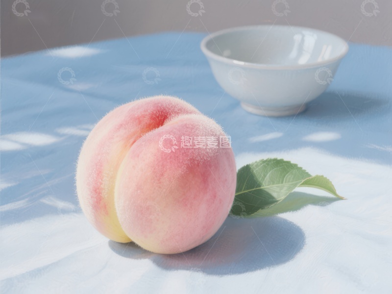 高清大图下载【趣麦麦图】新鲜桃子与绿叶置于蓝色桌布上