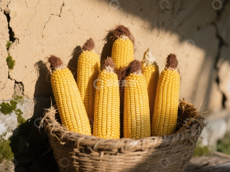 高清大图下载【趣麦麦图】篮中新鲜玉米，阳光下自然晾晒