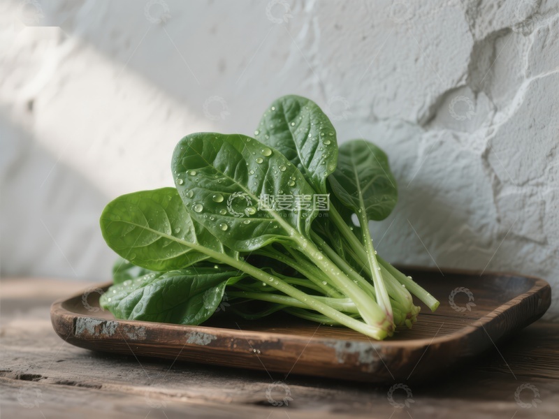 高清大图下载【趣麦麦图】新鲜菠菜置于木质盘中