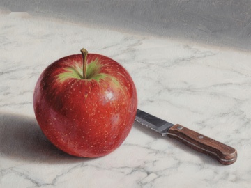 红苹果与木柄刀静物画