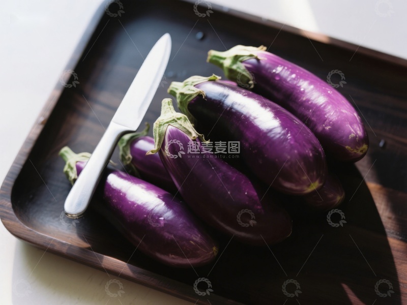 高清大图下载【趣麦麦图】新鲜茄子与刀具置于木质托盘