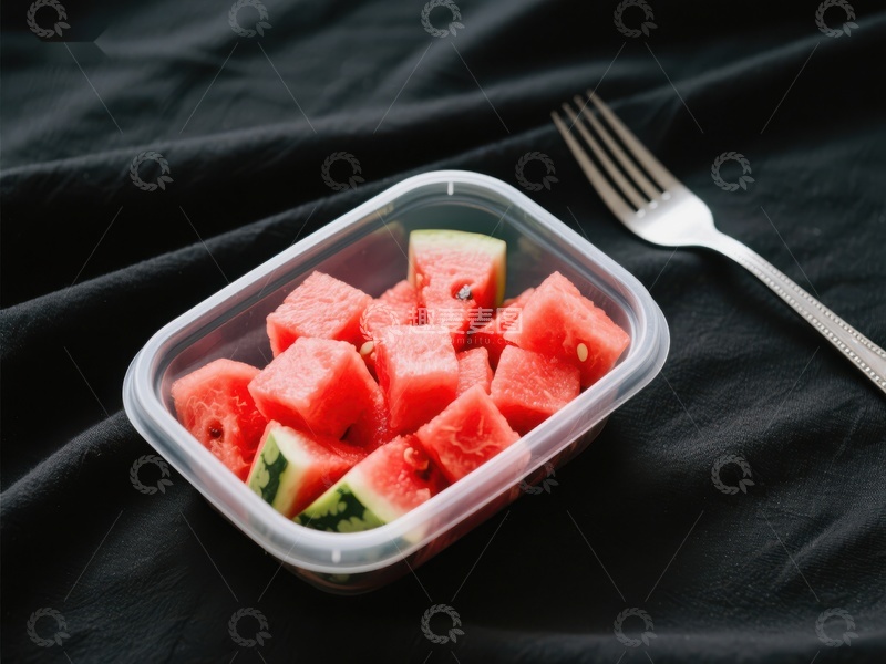 高清大图下载【趣麦麦图】切块西瓜置于透明盒中，配银叉