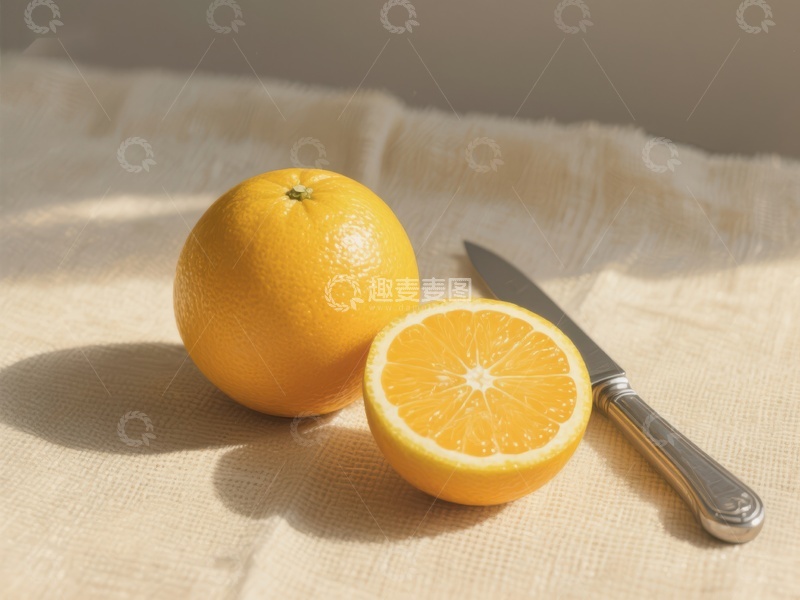高清大图下载【趣麦麦图】新鲜橙子与刀具静物图