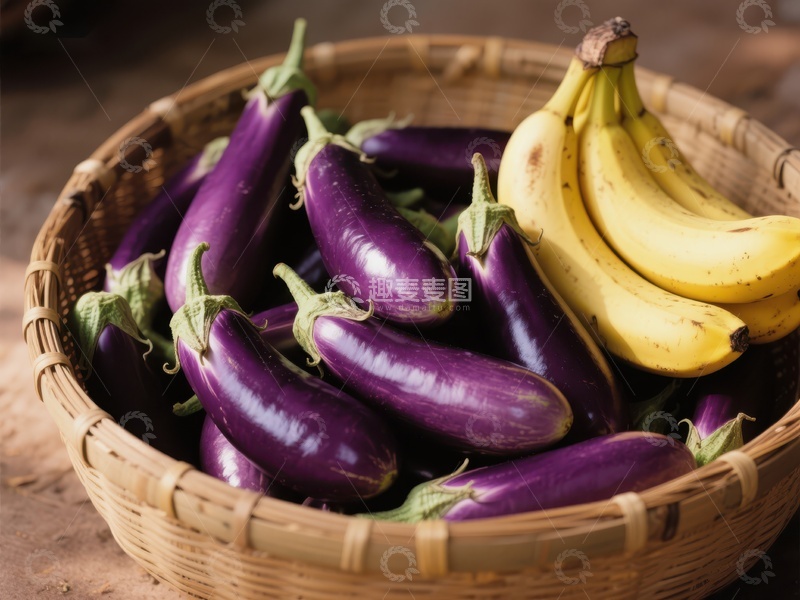 高清大图下载【趣麦麦图】篮子里的茄子与香蕉
