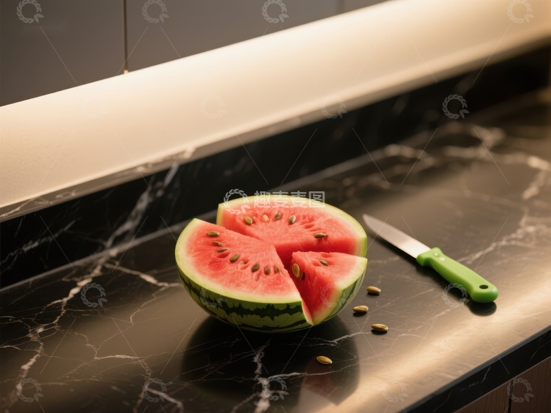 高清大图下载【趣麦麦图】切开的西瓜置于大理石台面