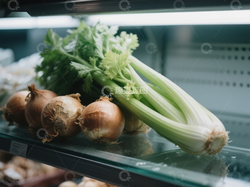 高清大图下载【趣麦麦图】超市货架上的芹菜与洋葱