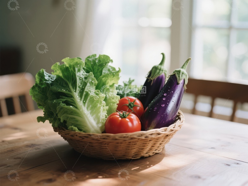 高清大图下载【趣麦麦图】新鲜蔬菜篮置于木质餐桌