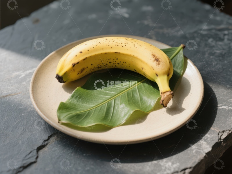 高清大图下载【趣麦麦图】香蕉与绿叶置于盘中