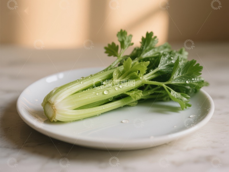 高清大图下载【趣麦麦图】新鲜芹菜置于白色盘中