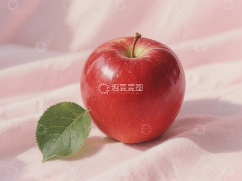 高清大图下载【趣麦麦图】红苹果与绿叶静置粉色布上