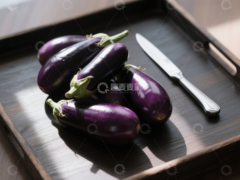 高清大图下载【趣麦麦图】木盘上的茄子与刀具