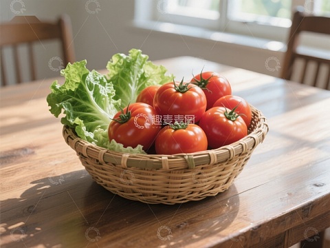 新鲜番茄与生菜置于编织篮中