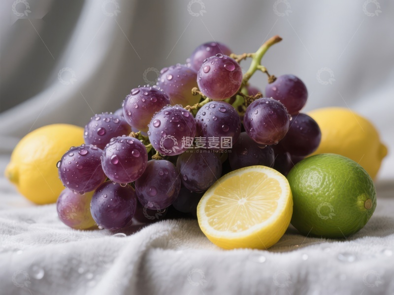 高清大图下载【趣麦麦图】新鲜葡萄与柠檬的静物组合