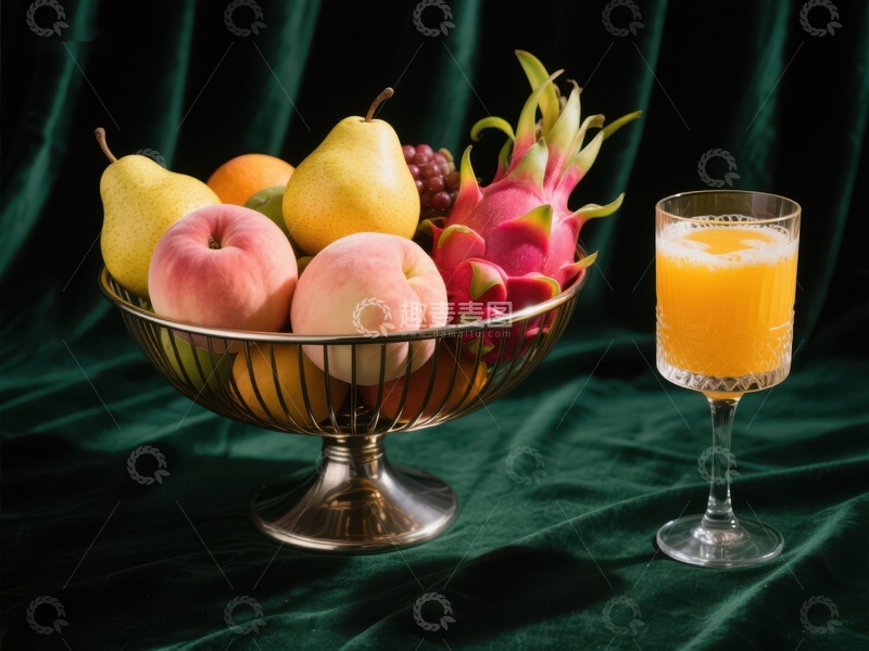 高清大图下载【趣麦麦图】水果篮与橙汁静物图