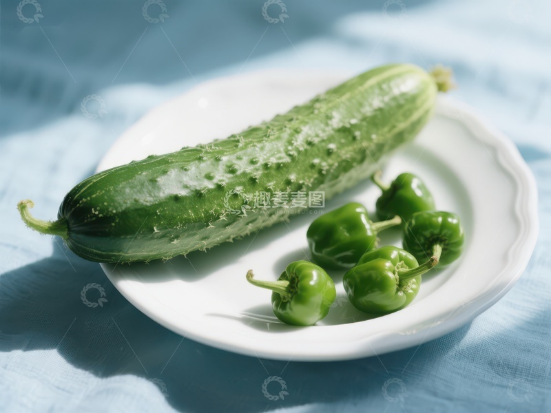 高清大图下载【趣麦麦图】新鲜黄瓜与青椒置于白色盘中