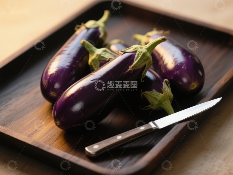 高清大图下载【趣麦麦图】-深紫色茄子与刀具置于木质托盘