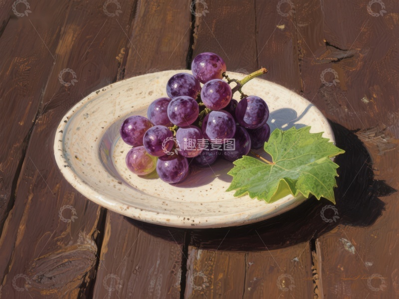 高清大图下载【趣麦麦图】盘中紫葡萄与绿叶