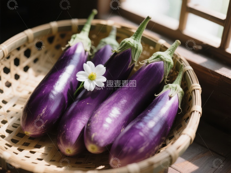 高清大图下载【趣麦麦图】篮中紫茄与小白花