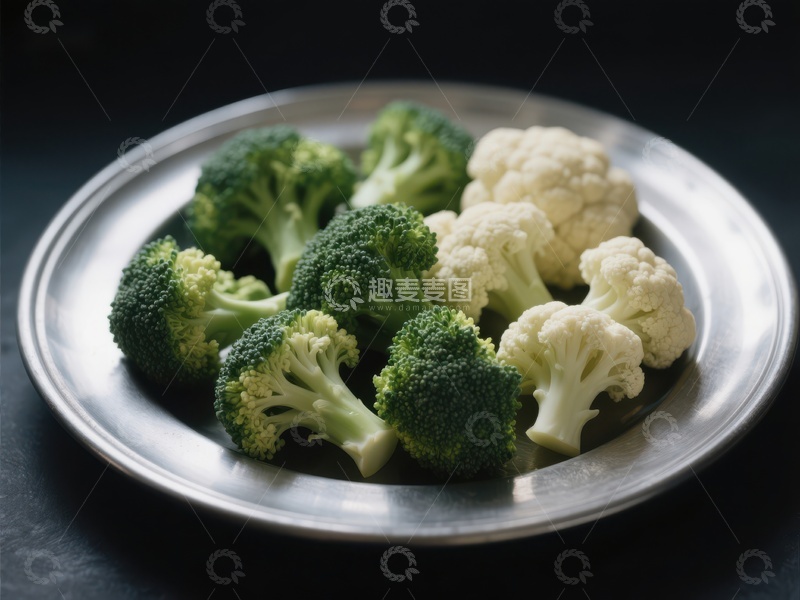 高清大图下载【趣麦麦图】新鲜西兰花与花椰菜盘中摆放