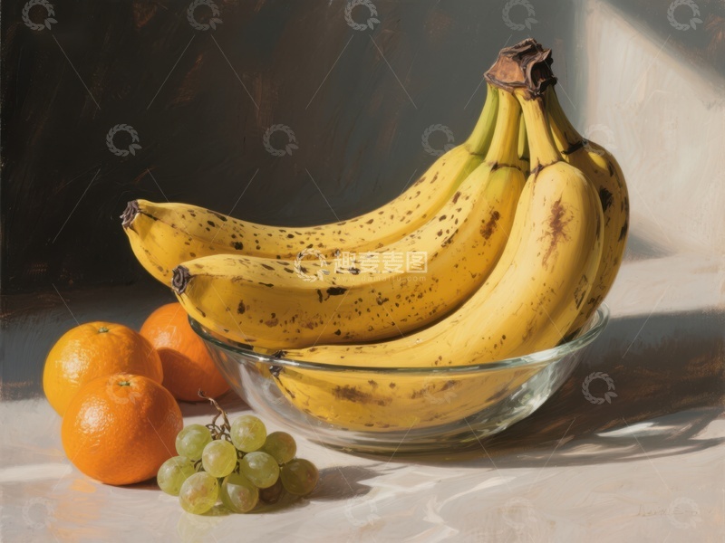 高清大图下载【趣麦麦图】静物水果组合：香蕉、橙子与葡萄