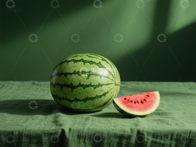 高清大图下载【趣麦麦图】绿桌上完整的西瓜与切片