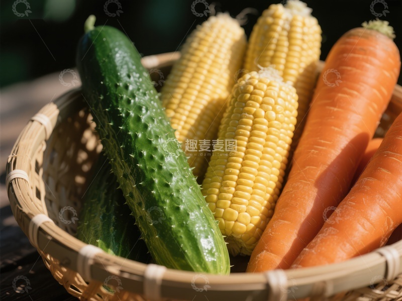 高清大图下载【趣麦麦图】新鲜蔬菜篮：黄瓜、玉米与胡萝卜