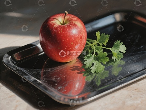 红苹果与香菜置于金属托盘