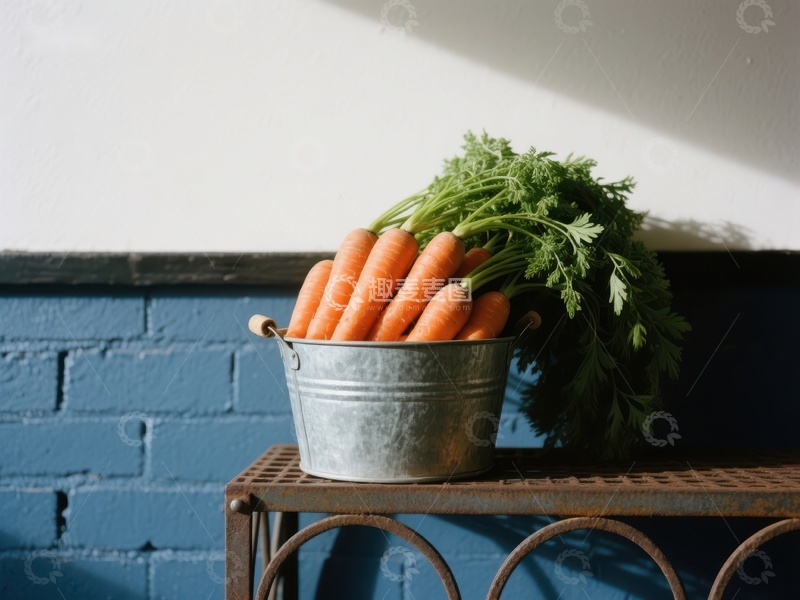高清大图下载【趣麦麦图】新鲜胡萝卜置于金属桶中